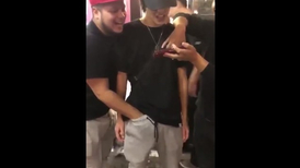 Fag is shoving hand in twink's pants to touch his dick