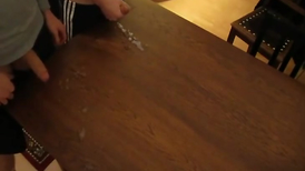 Naughty teen twinks are jerking off cumshots on the table