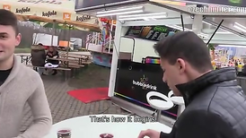 Two twinks hungrily kissing one big cock and full balls