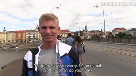 Sexy blonde guy earns money for hard public sucking