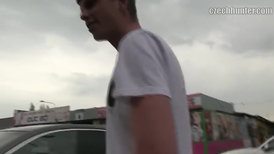 Smiling amateur public cock jerking and deep sucking