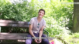 Straight man dick show and sexy cock sucking on the bench