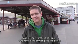 A smiling guy is learning skills of hard gay jerking off