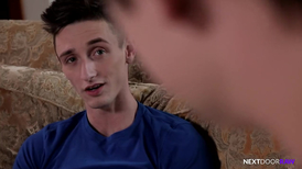 Skinny twink friends are enjoying hot threesome gay fuck on couch