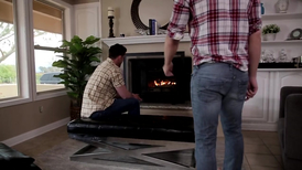 Beauty blond twink deepthroats fag's big dick and fucks by the fireplace